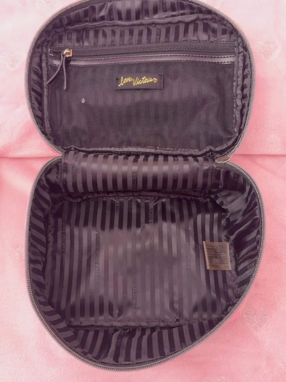 RARE Victoria's Secret Pink Striped Bow Cosmetic Case